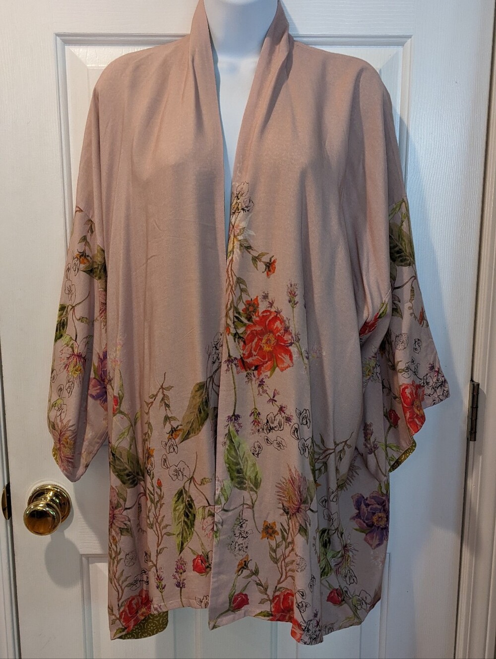 Floral Kimono Chartreuse Pink Reversible Print Flowy Duster Middle Skimming Nwt